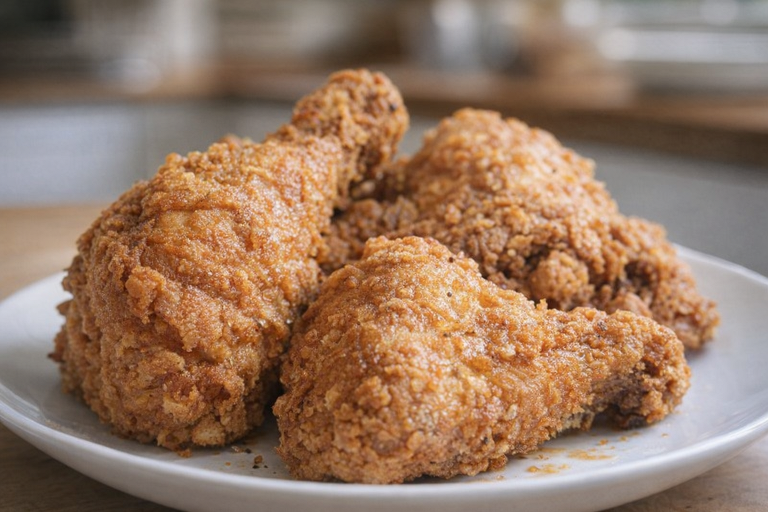 A 45-degree angle, close-up shot of reheated fried chicken on a white plate with a crispy, golden-brown coating, studio lighting